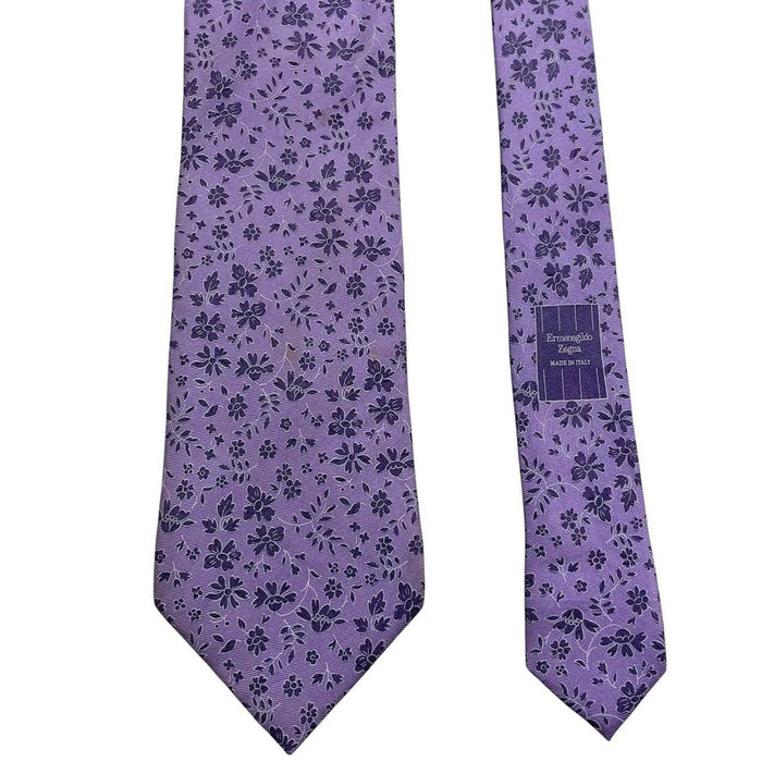 Ermenegildo Zegna purple silk tie with floral pattern and logo detail.