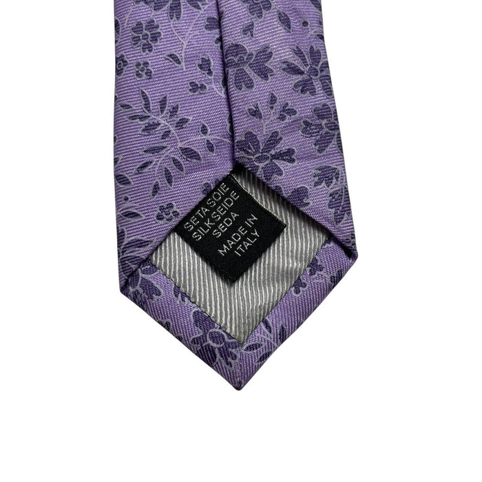 Ermenegildo Zegna purple silk tie with floral pattern and logo detail.