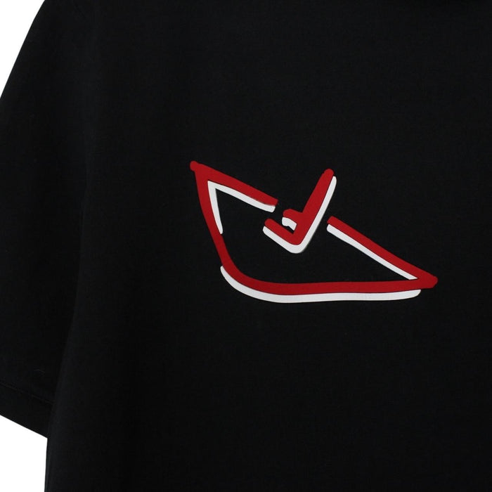Fendi black cotton t-shirt with red Bag Bug eyes graphic and pocket detail.