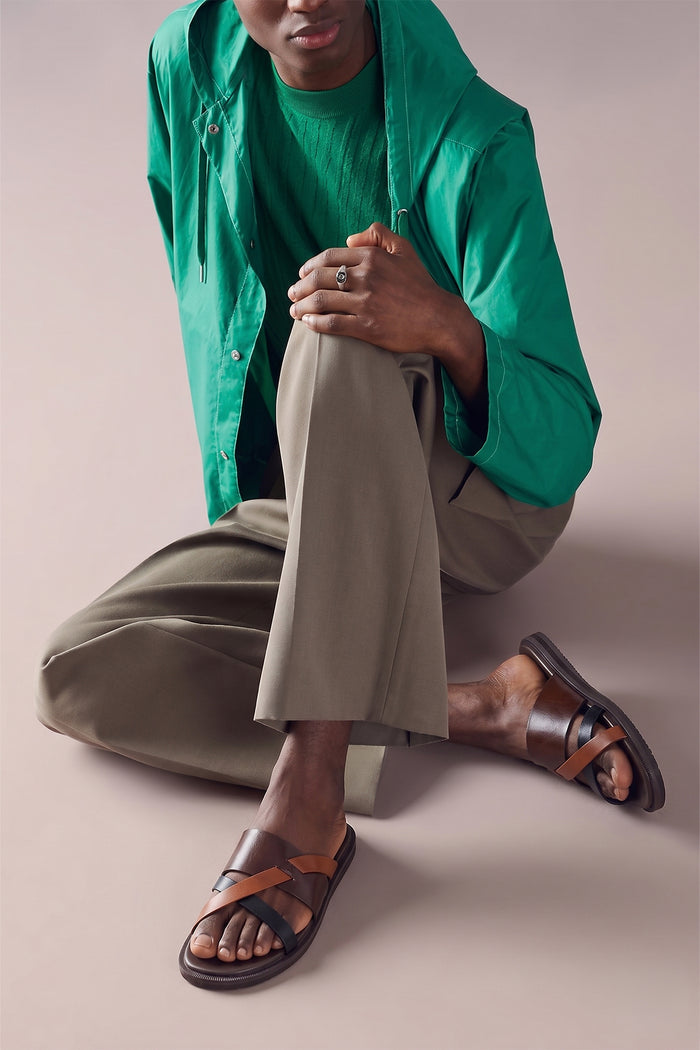 Men’s Frank Brown tan tri-strap sandals featuring a robust adjustable strap system and a refined leather finish.