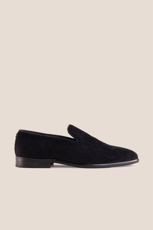 Men's black velvet smoking loafers, the Fraser Black, slip-on dress shoes for black-tie and formal events.