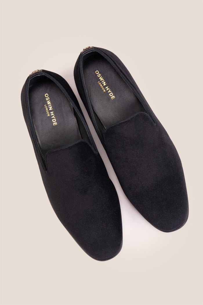 Men's black velvet smoking loafers, the Fraser Black, slip-on dress shoes for black-tie and formal events.