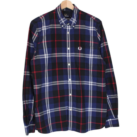 Fred Perry Navy Blue Check Long Sleeve Cotton Shirt