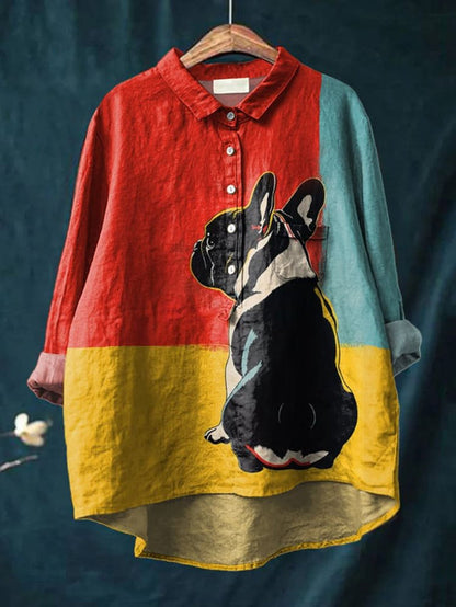 French Bulldog Looking Back In Front of Tricolor Background Casual Cotton Shirt