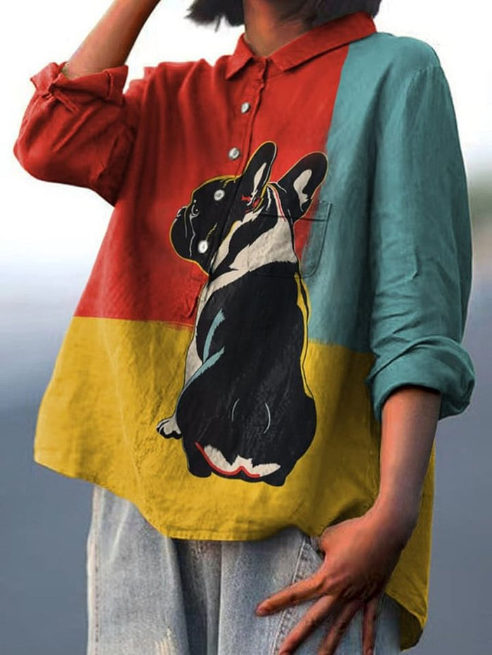 French Bulldog Looking Back In Front of Tricolor Background Casual Cotton Shirt