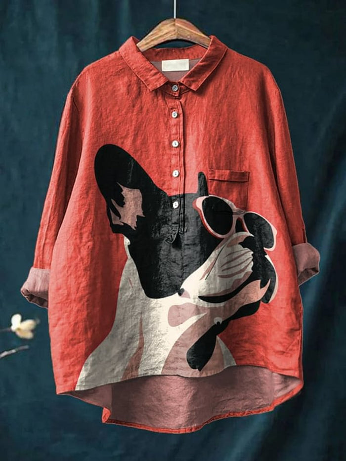 French Bulldog Print Casual Linen-Look Shirt