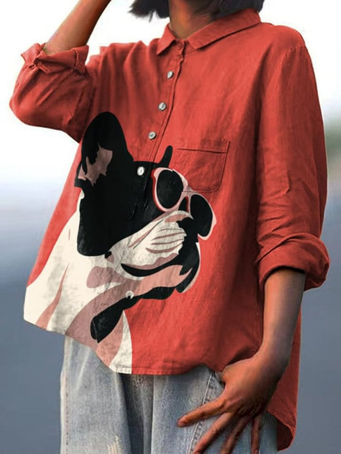 French Bulldog Print Casual Linen-Look Shirt