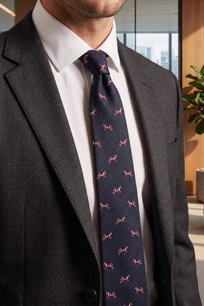 Gallop Navy tie with printed design, ideal for weddings, office wear, and formal occasions.