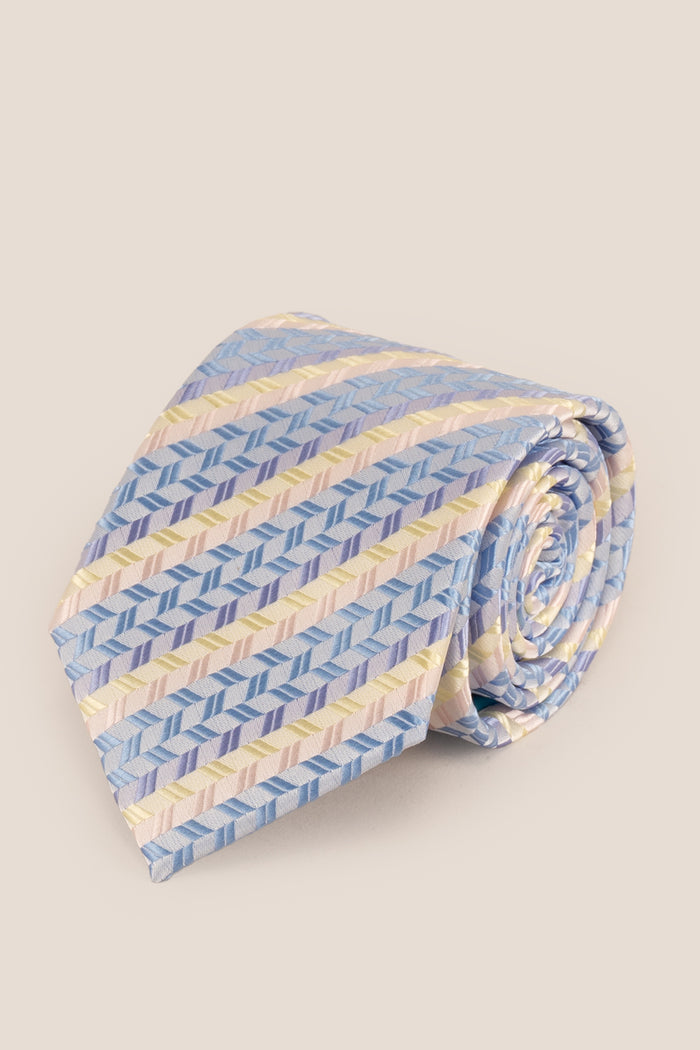 Geometric Stripes Blue Cream tie with luxurious design, ideal for weddings, office wear, and casual occasions.