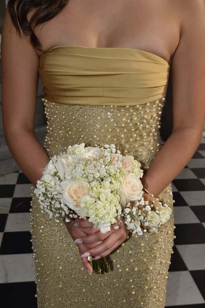 Gold Strapless Pearls Fitted Party Dress