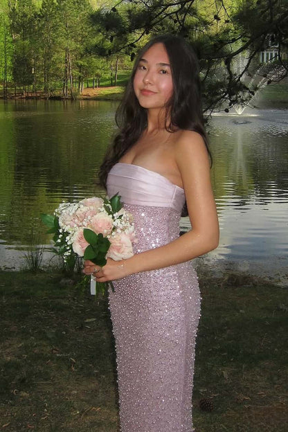 Gold Strapless Pearls Fitted Party Dress