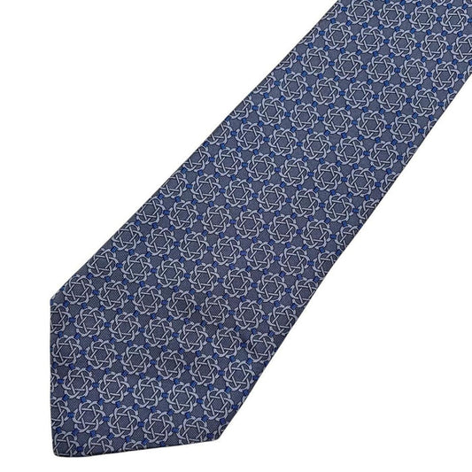 Hermes blue silk tie with geometric print and logo detail.