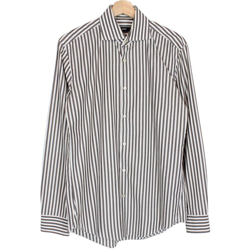 Hugo Boss Grey and White Striped Long Sleeve Cotton Shirt