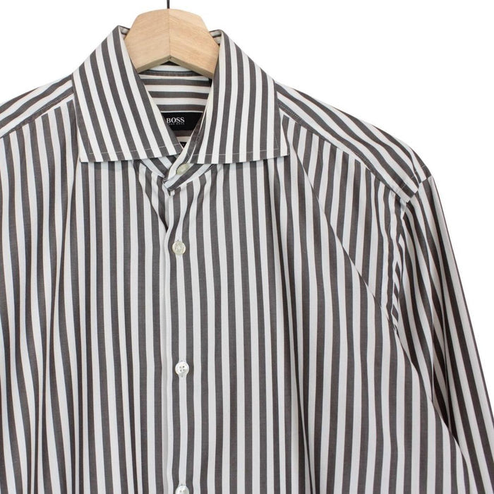 Hugo Boss Grey and White Striped Long Sleeve Cotton Shirt