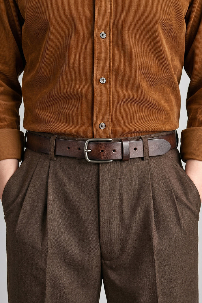 Man wearing Hunter Brown leather belt for men perfect for casual and formal occasions. Brown matching belt for a complete outfit.