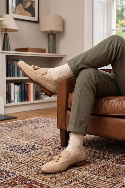 Model wearing Issac Sand Suede Loafer for Men | Mens loafers for formal and casual occasions