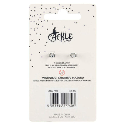 Reverse of a card with Cackle & Co branding with earring butterfly backs