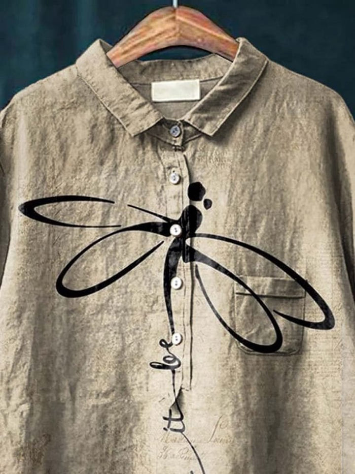 Let It Be Dragonfly Art Pattern Print Casual Cotton Shirt