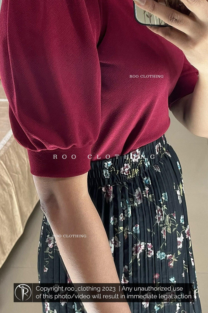 Maroon Crew Neck Puff Sleeves Top