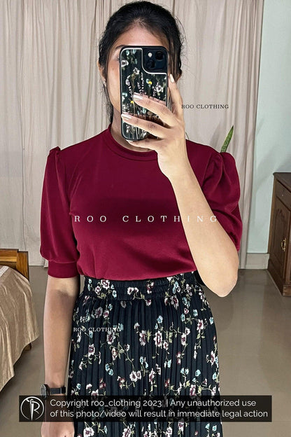 Maroon Crew Neck Puff Sleeves Top