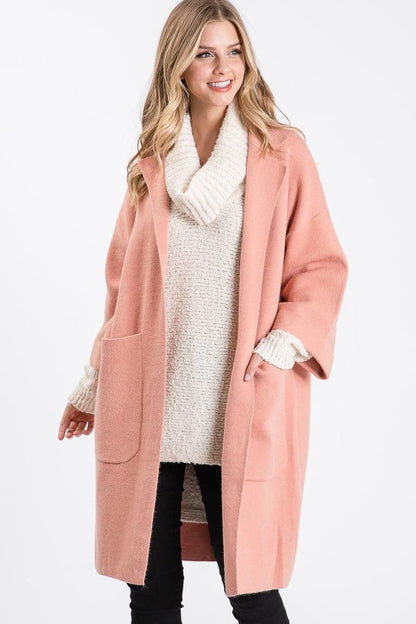 Allie Rose women’s mauve open-front coat with a collared neckline and two large pockets.