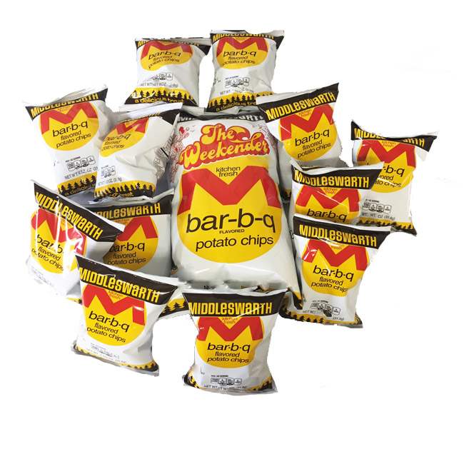 Multiple bags of Middleswarth bbq potato chips on a white background
