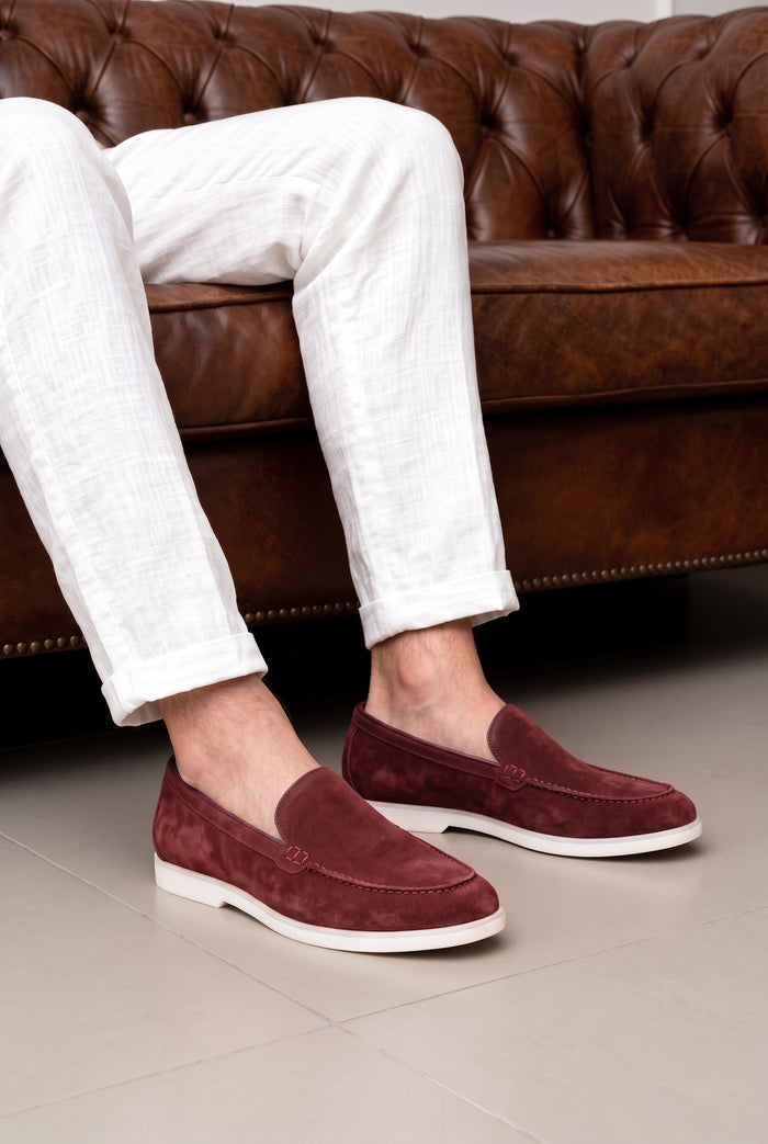 Oswin hyde Men's Morgan Wine burgundy suede slip-on loafers with white soles