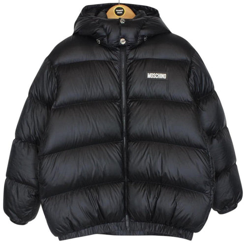 Moschino Black and White Full Zip Logo Print Puffer Jacket