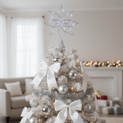 Mr Crimbo Pre-Lit Silver Glitter Flower Christmas Tree Topper Metal LED