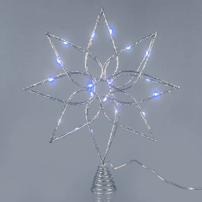 Flower stra shaped Christmas tree topper with blue LED lights and silver glitter frame