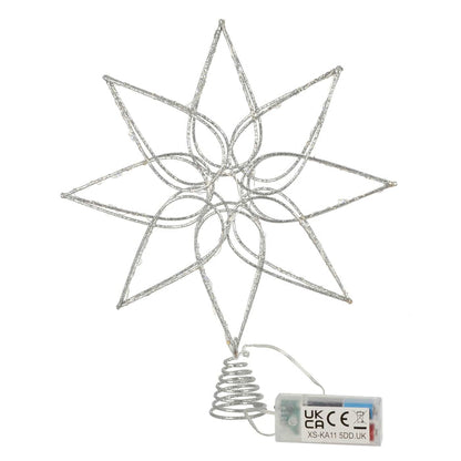 FLoral star shaped Christmas tree topper with silver glitter frame and battery pack