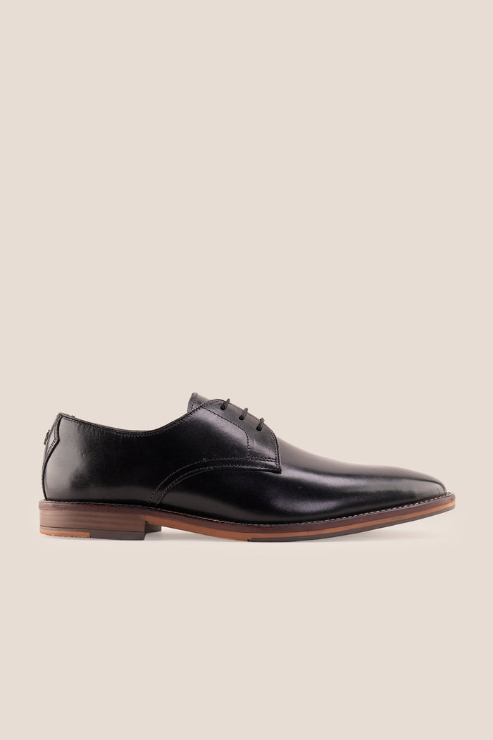 Nathan black leather Derby shoes for men featuring a 3-eyelet design, breathable lining, and durable leather sole for formal and smart casual occasions.