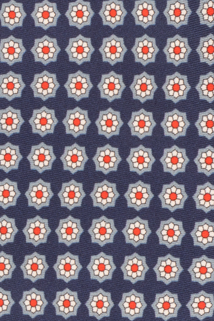 Navy Floral Print Silk Tie with elegant design, offering luxury and sophistication for formal occasions.