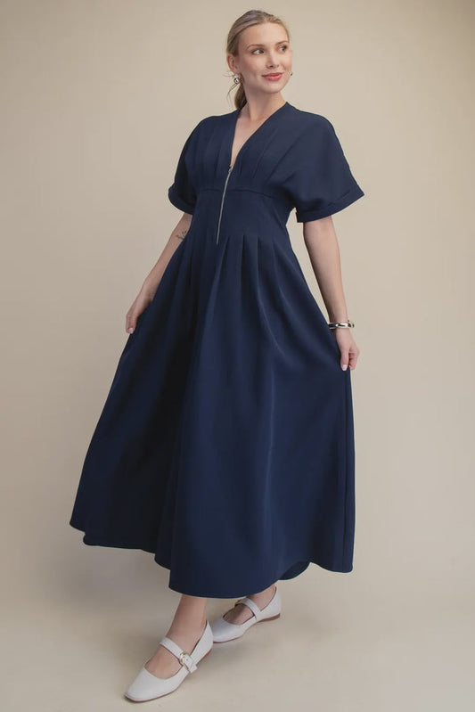 Navy  Waist Flare Stretch Shirt Dress