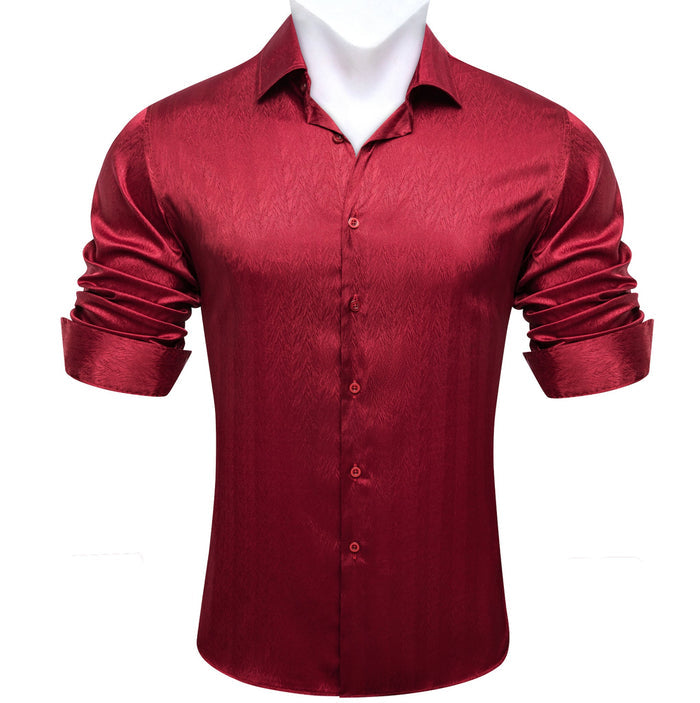 New Dark Red Solid Silk Men's Long Sleeve Shirt- CY-0672 - SimonVon Shop