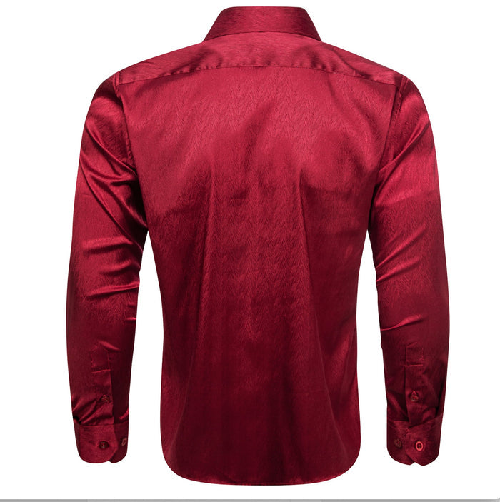 New Dark Red Solid Silk Men's Long Sleeve Shirt- CY-0672 - SimonVon Shop