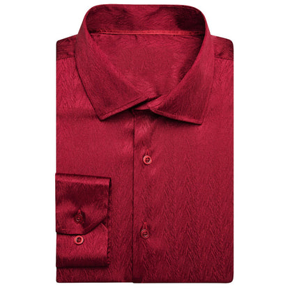 New Dark Red Solid Silk Men's Long Sleeve Shirt- CY-0672 - SimonVon Shop
