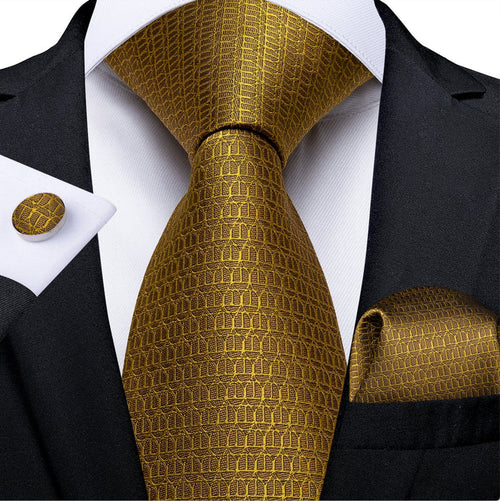 New Solid Golden Tie Pocket Square Cufflinks Set - N-7341 - SimonVon Shop