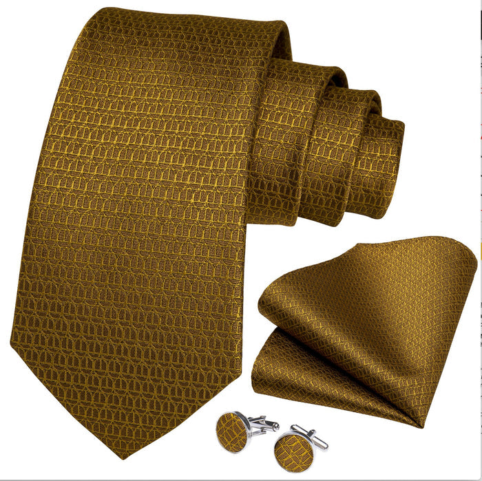 New Solid Golden Tie Pocket Square Cufflinks Set - N-7341 - SimonVon Shop