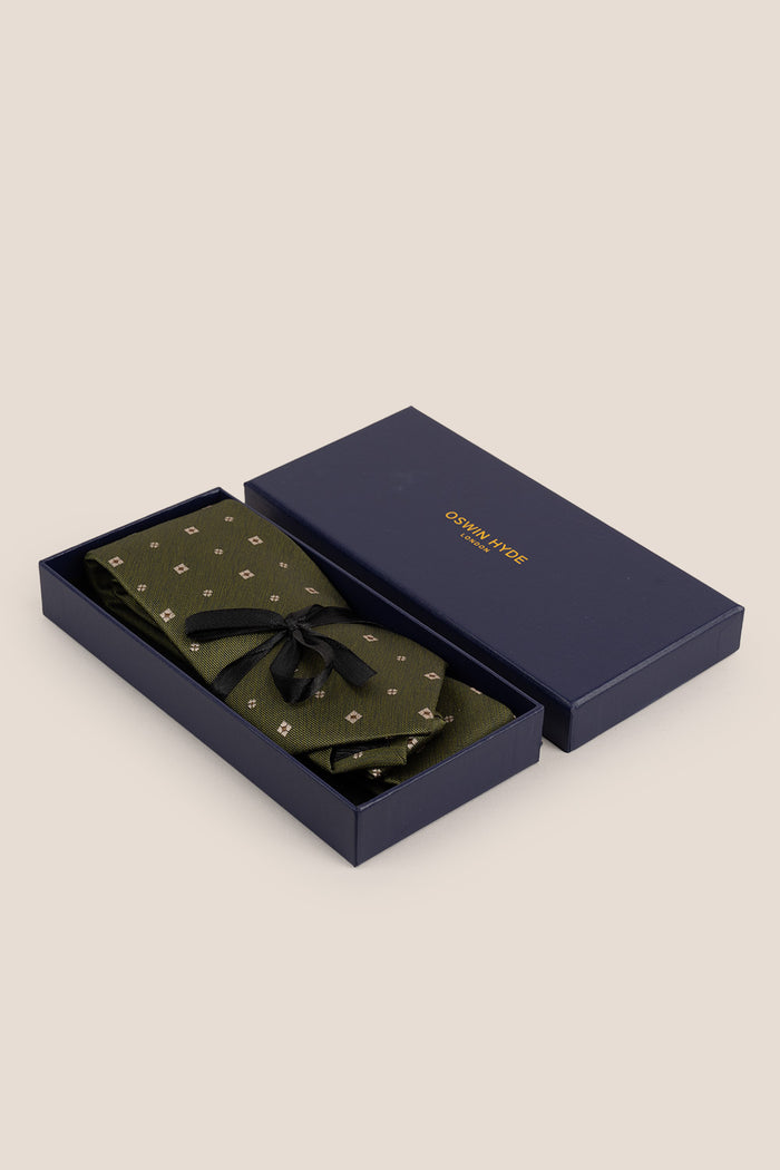 Off Square Green tie with sophisticated design, ideal for weddings, office wear, and casual outings.