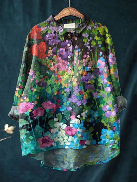 Oil Painting Garden Decorative Pattern Casual Cotton Shirt