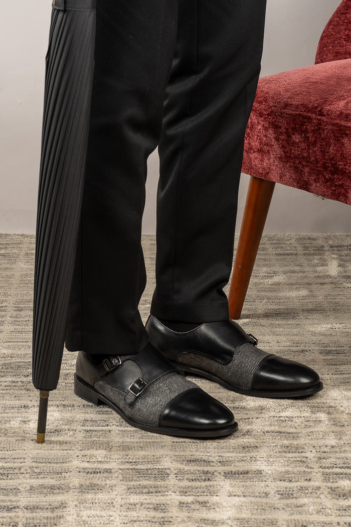 Oscar Black monk strap tweed men’s leather shoes featuring premium leather and tweed accents for a stylish formal look.
