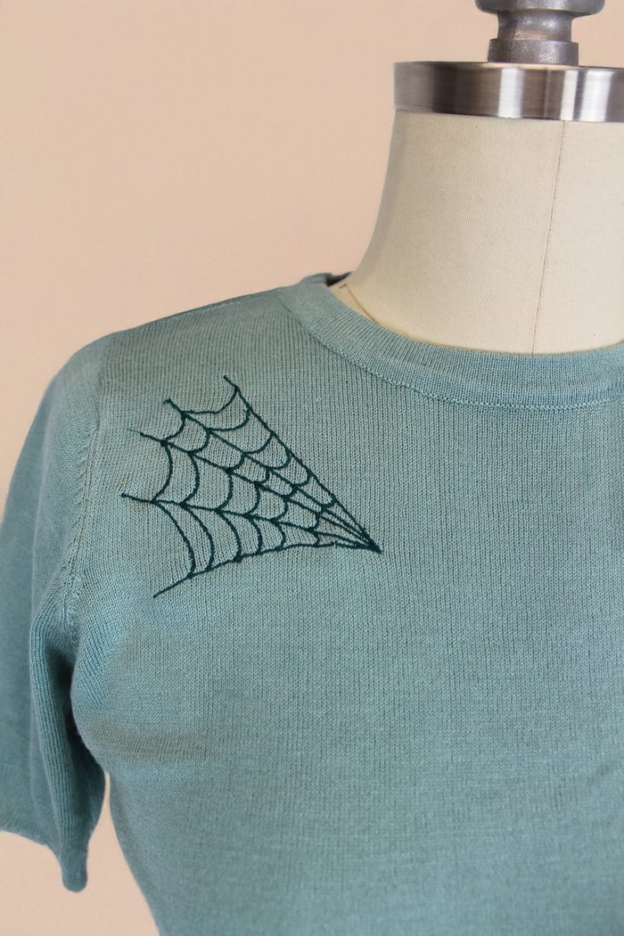 Pastel Sage Spiderweb Knit Blouse | Retro Witchy Top