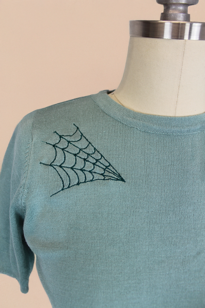 Pastel Sage Spiderweb Knit Blouse | Retro Witchy Top