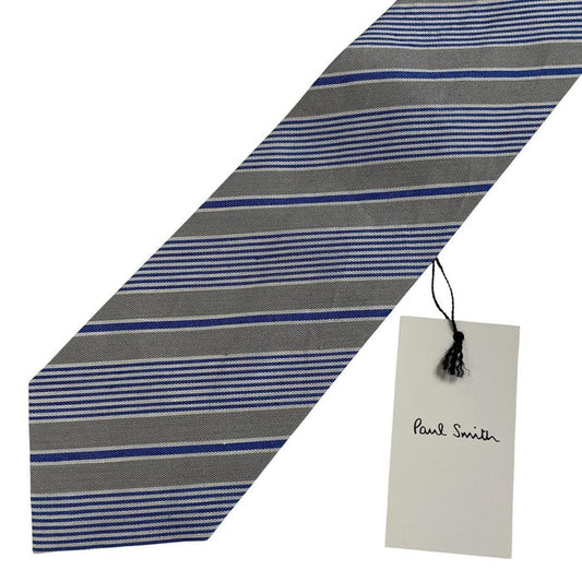 Paul Smith blue and grey striped tie in cotton/silk blend with logo detail.