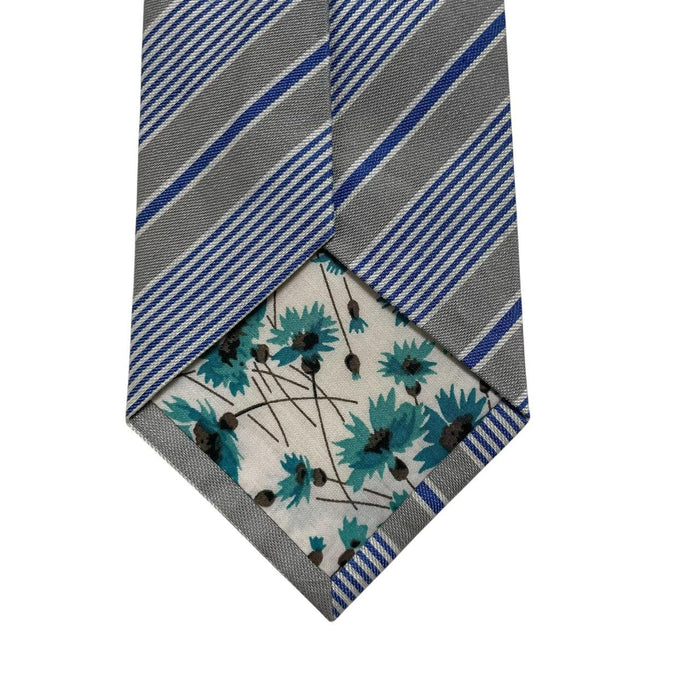 Paul Smith blue and grey striped tie in cotton/silk blend with logo detail.