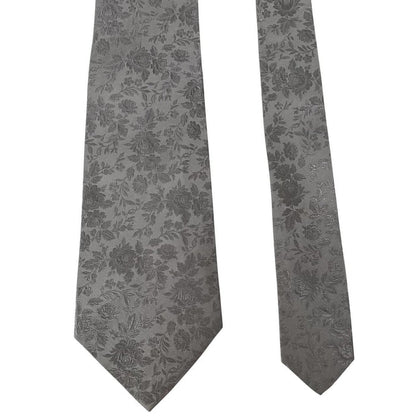 Paul Smith silver silk tie with floral print and brand logo detail.