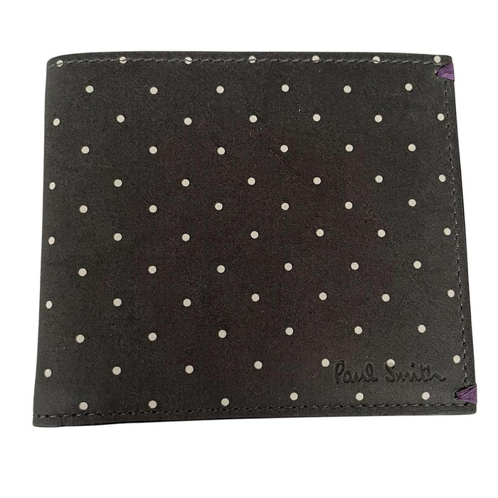 Paul Smith grey leather bifold wallet with polka dot pattern and embossed logo.