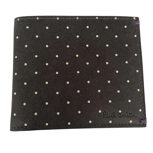 Paul Smith grey leather bifold wallet with polka dot pattern and embossed logo.