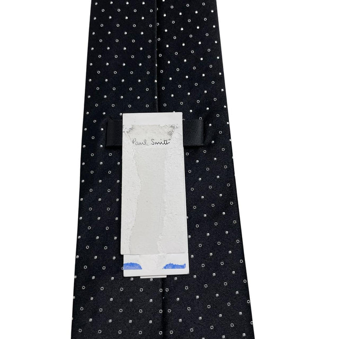 Paul Smith black and white polka dot silk tie with logo and tags attached.
